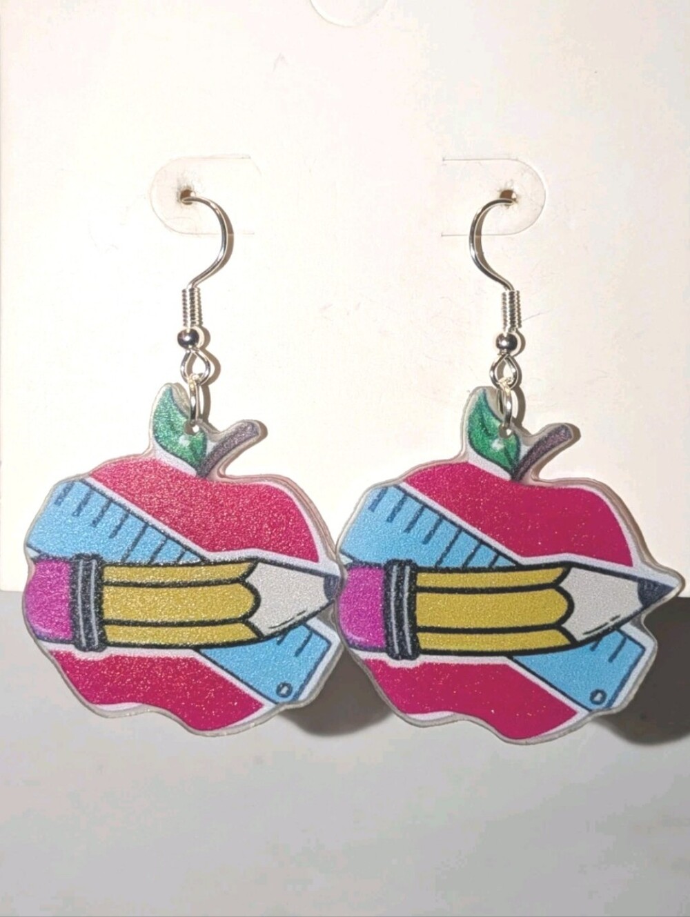Hand Crafted Women/Kids Red Apple & Pencil Dangle Earrings - Picture 2 of 7